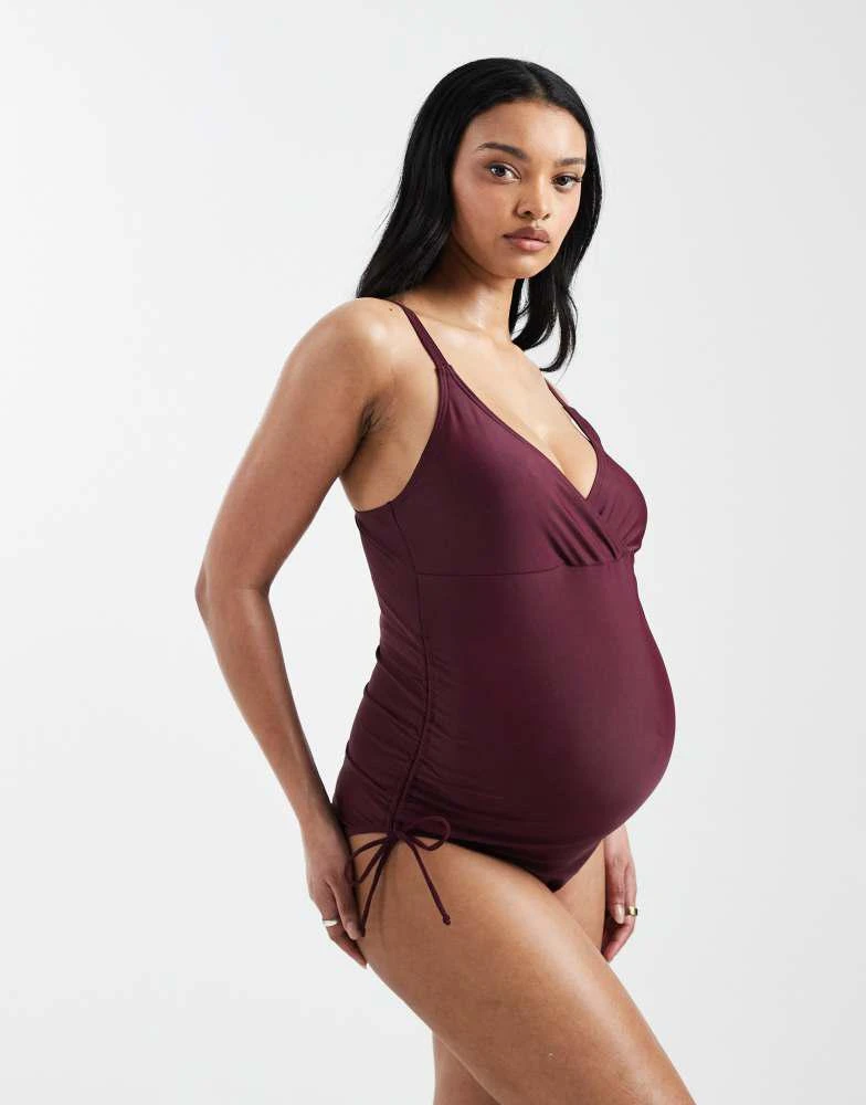 Mama.licious Mamalicious Maternity wrap front ruched side swimsuit in fig red 3