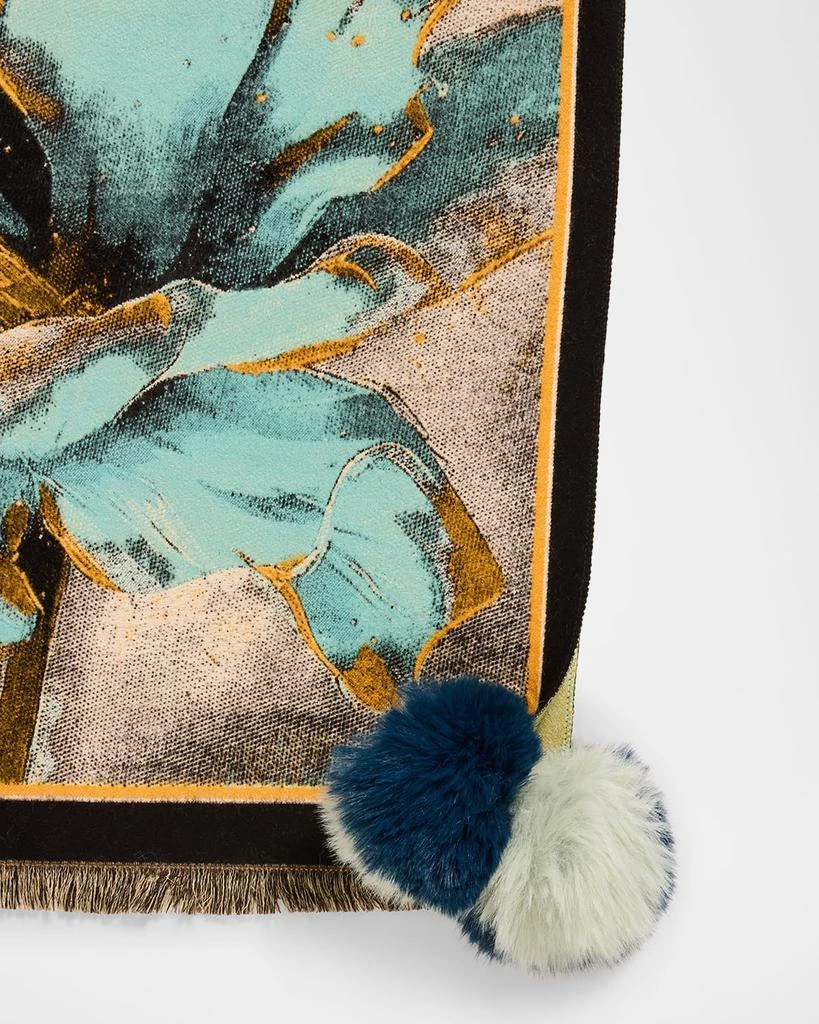 La Fiorentina Floral-Print Scarf W/ Faux Fur Poms 4