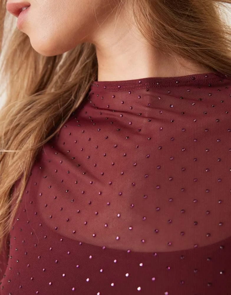 Abercrombie & Fitch Abercrombie & Fitch long sleeve rhinestone mesh midi dress in burgundy 2