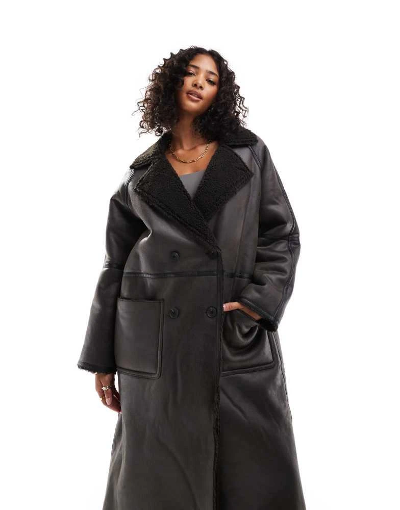 ASOS ASOS DESIGN longline shearling jacket with contrast binding in brown 2