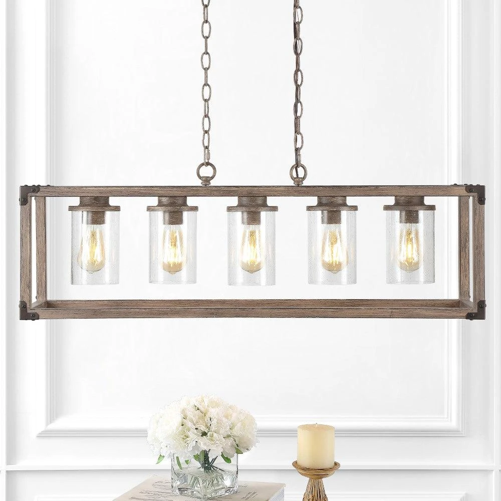 JONATHAN Y Zeniba  36" 5-Light Linear Adjustable Iron/Seeded Glass Rustic Farmhouse LED Pendant 3