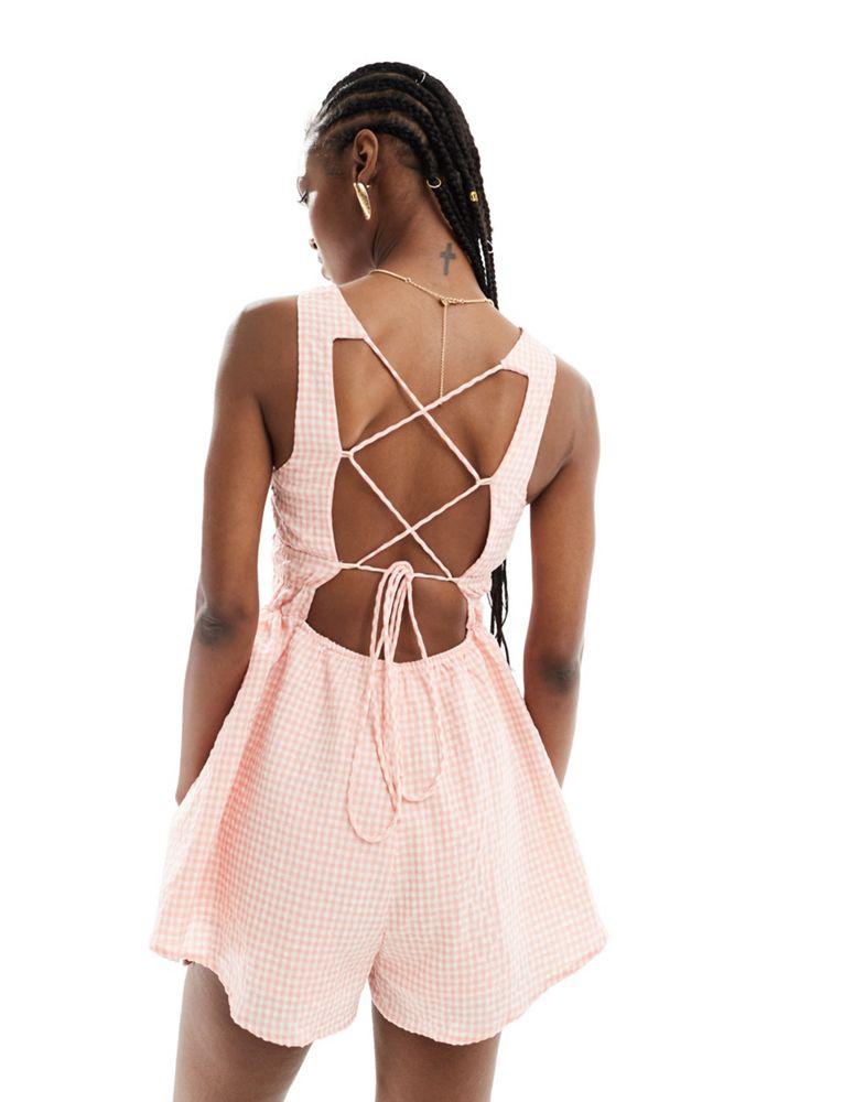 Kiss The Sky Kiss The Sky white and pink gingham shirred playsuit