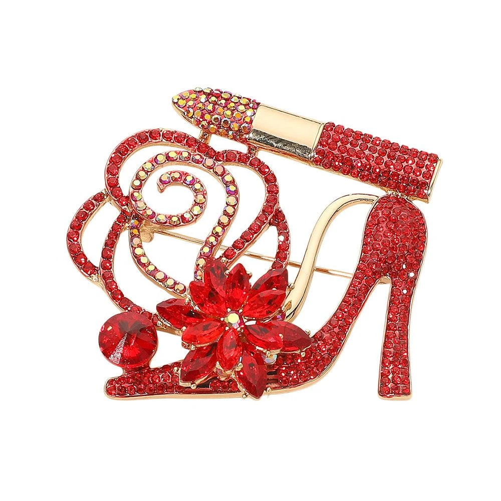 FASHNZFAB Rhinestone Embellished Flower Accent Glam High Heel Lipstick Pin Brooch 2