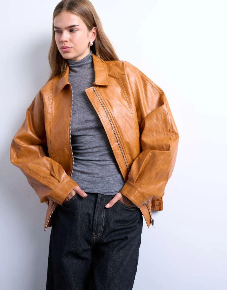 Topshop Topshop faux leather zip through seam detail jacket in tan