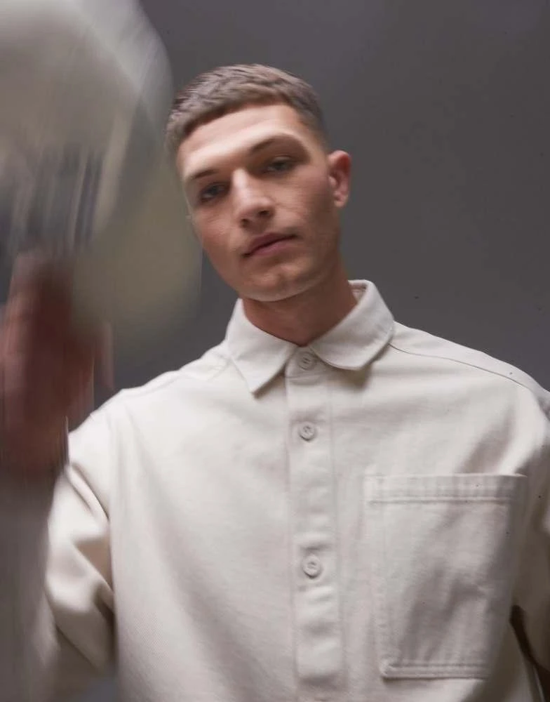 Topman Topman long sleeve overshirt in cream 4