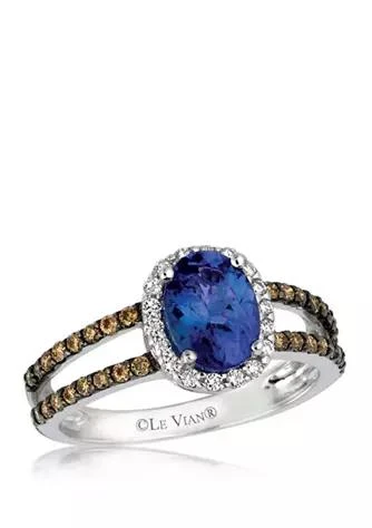 Le Vian 1/8 ct. t.w. Vanilla Diamond, 1/3 ct. t.w. Chocolate Diamond, and 1 ct. t.w. Tanzanite Ring in 14K White Gold