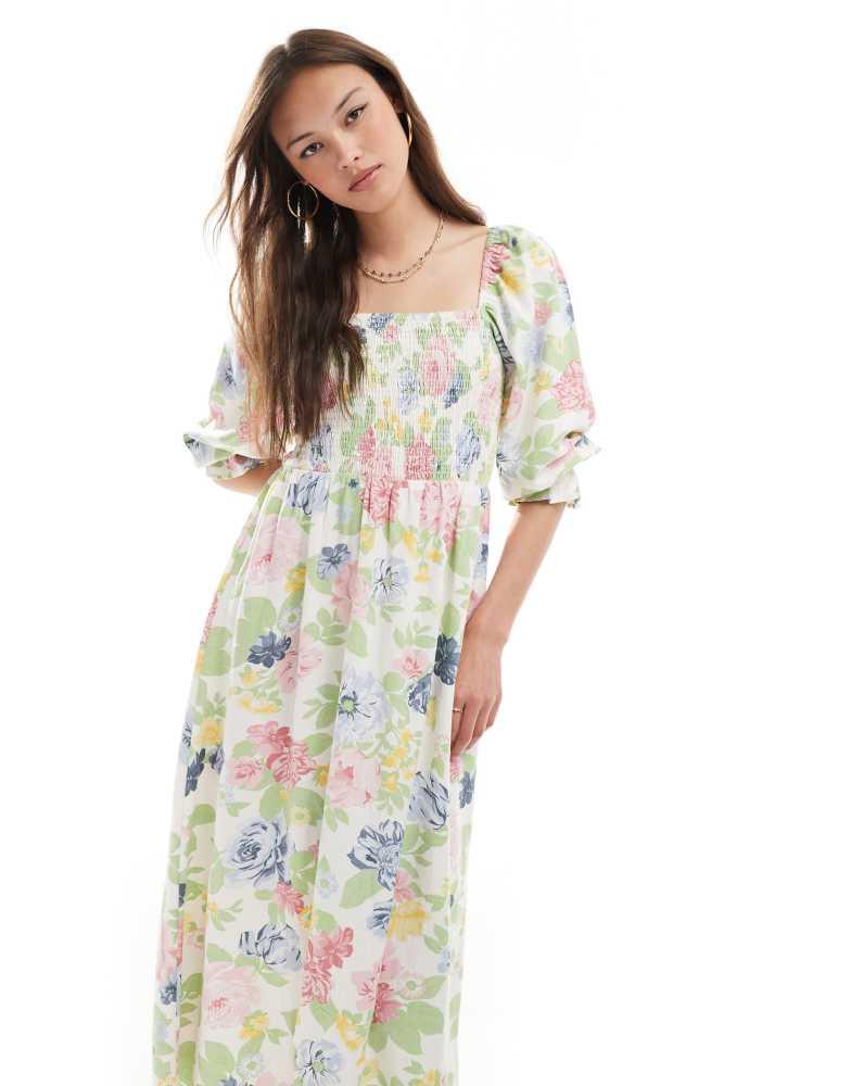 New Look New Look floral shirred long sleeve dress in cream