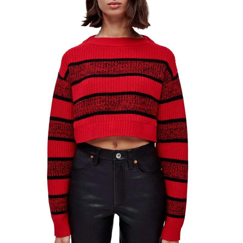 Re/Done Cropped Boatneck Pullover Sweater In Red Black Rugby 1