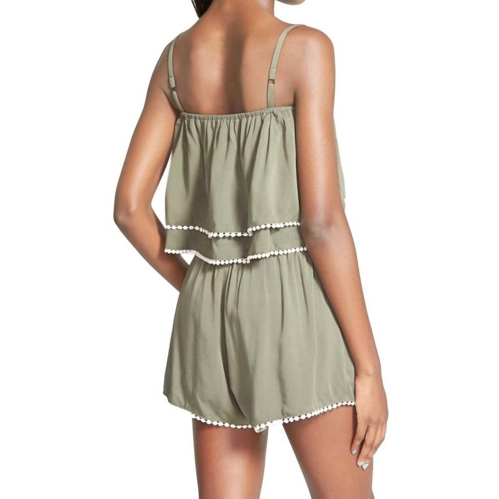 MINKPINK Get Lost Sleeveless Spaghetti Strap Ruffle Crop Top In Khaki Green