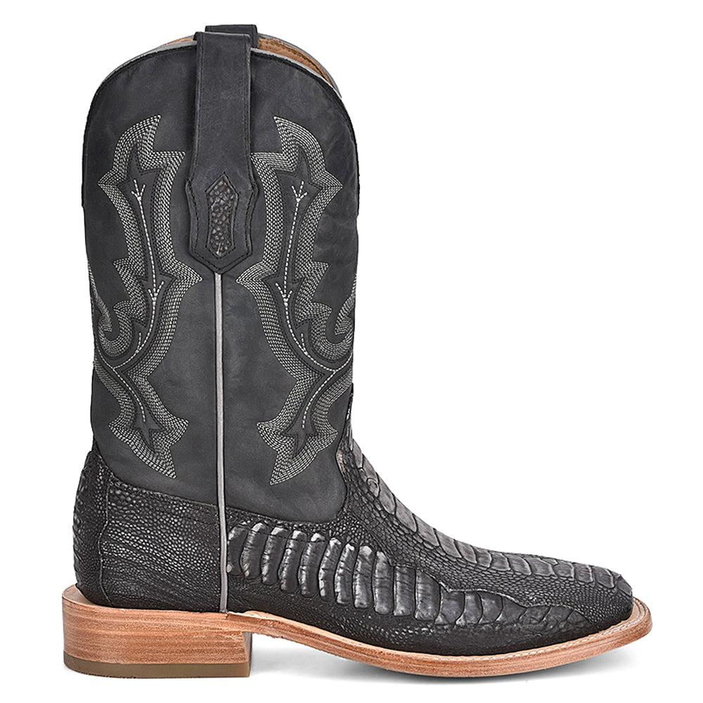 Corral Boots Ostrich Leg Embroidered Wide Square Toe Pull On Cowboy Boots