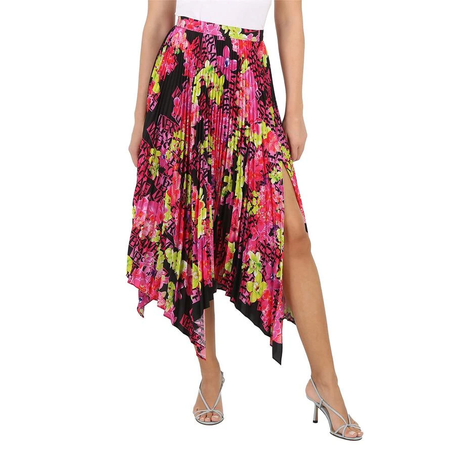 Versace Orchid Print Pleated Crepe De Chine Midi Skirt 1