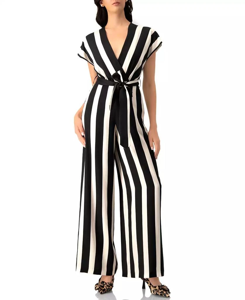 Ivonne Women
s Striped V-Neck Jumpsuit with Waist Tie