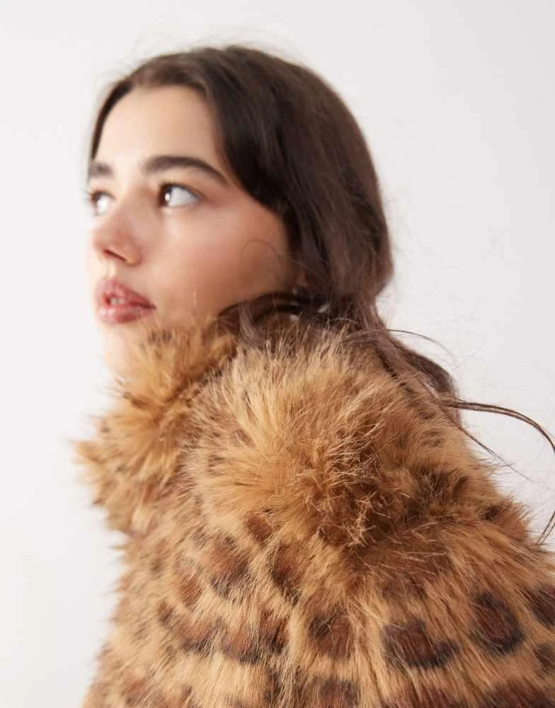Motel Motel joji crop faux fur leopard print jacket in brown 4
