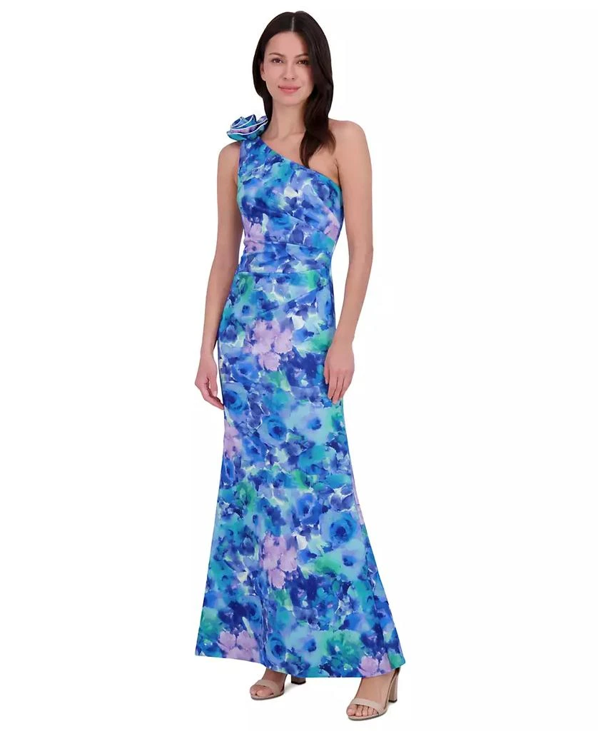 Eliza J Petite Rosette-Shoulder Watercolor-Print Evening Gown 1