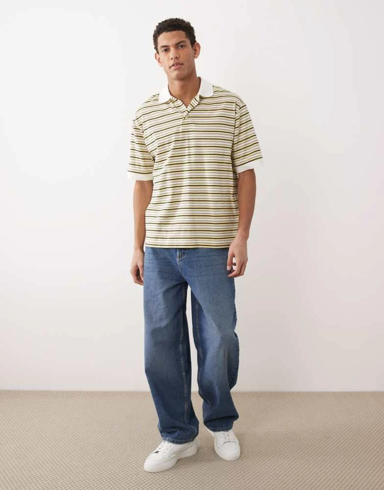 ARKET ARKET pure cotton jersey short sleeve polo shirt in yellow multi stripe 2