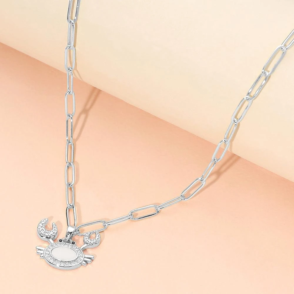 FASHNZFAB Stainless Steel Mother of Pearl CZ Stone Paved Crab Charm Pendant Paperclip Chain Necklace