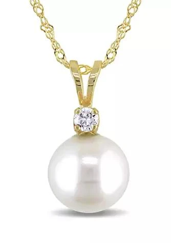 Belk 
Co. 8-8.5 Millimeter Cultured Freshwater Pearl and Diamond Pendant with Chain in 14k Yellow Gold