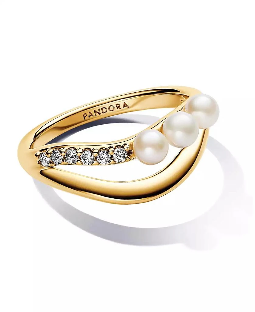 PANDORA Treated Freshwater Cultured   Pearl   Shaped Double Band with Clear Cubic Zirconia Stone Ring in 14k Gold-plated 1
