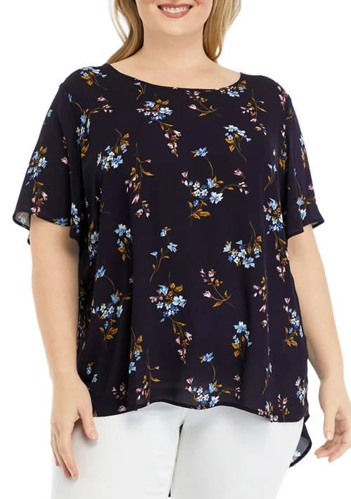 Premise Plus Size Short Sleeve Printed Top With Pleated Back 1