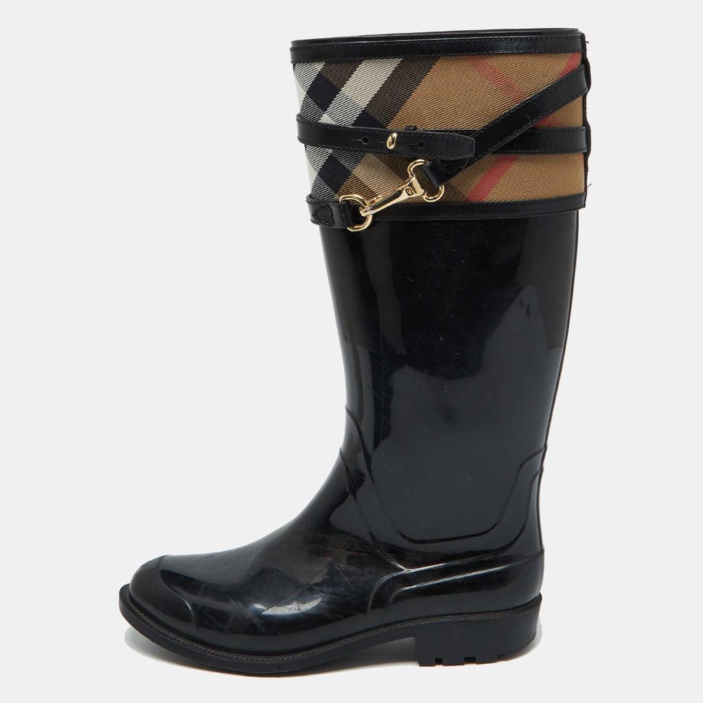 Burberry Burberry Black/Beige Rubber and House Check Canvas Rain Boots Size 38