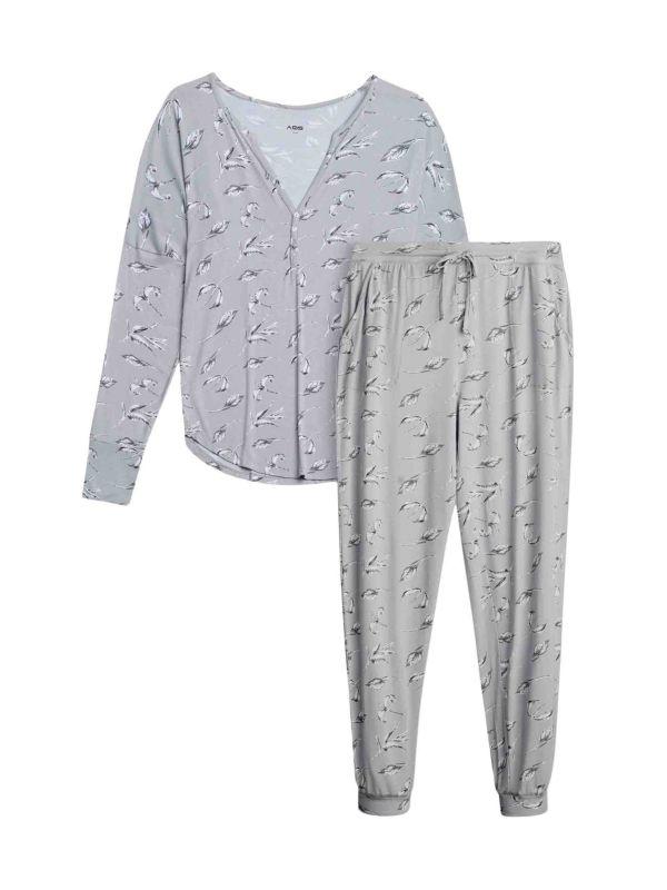 AQS 2-Piece Feather-Print Shirt & Pants Pajama Set