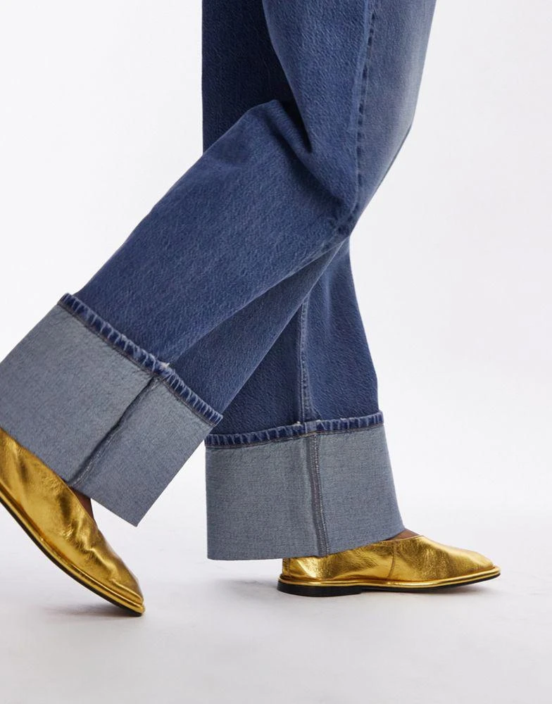 Topshop Topshop Charlotte leather square toe unlined flat shoes in gold 4