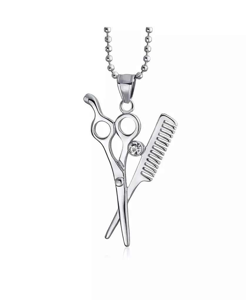 Bling Jewelry Whimsical Scissors Comb Pendant Necklace Crystal Accent Stainless Steel Chain