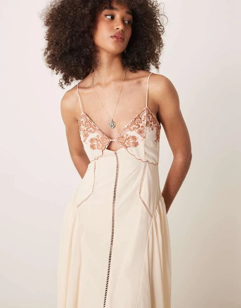 ASOS ASOS DESIGN contrast embroidered cami midi dress with ladder trim details in cream 2