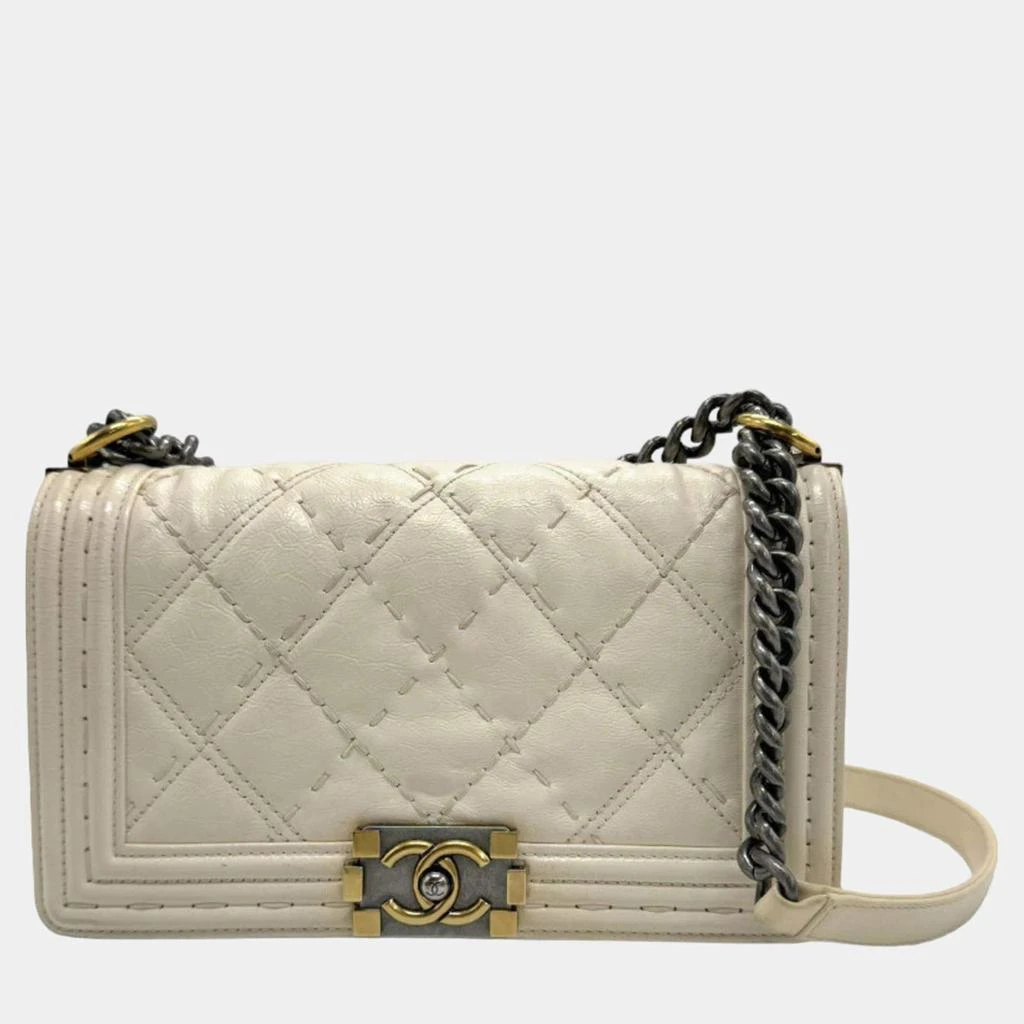 Chanel Chanel Off-White Calfskin Quilted Mini Boy Flap White Shoulder Bag  1