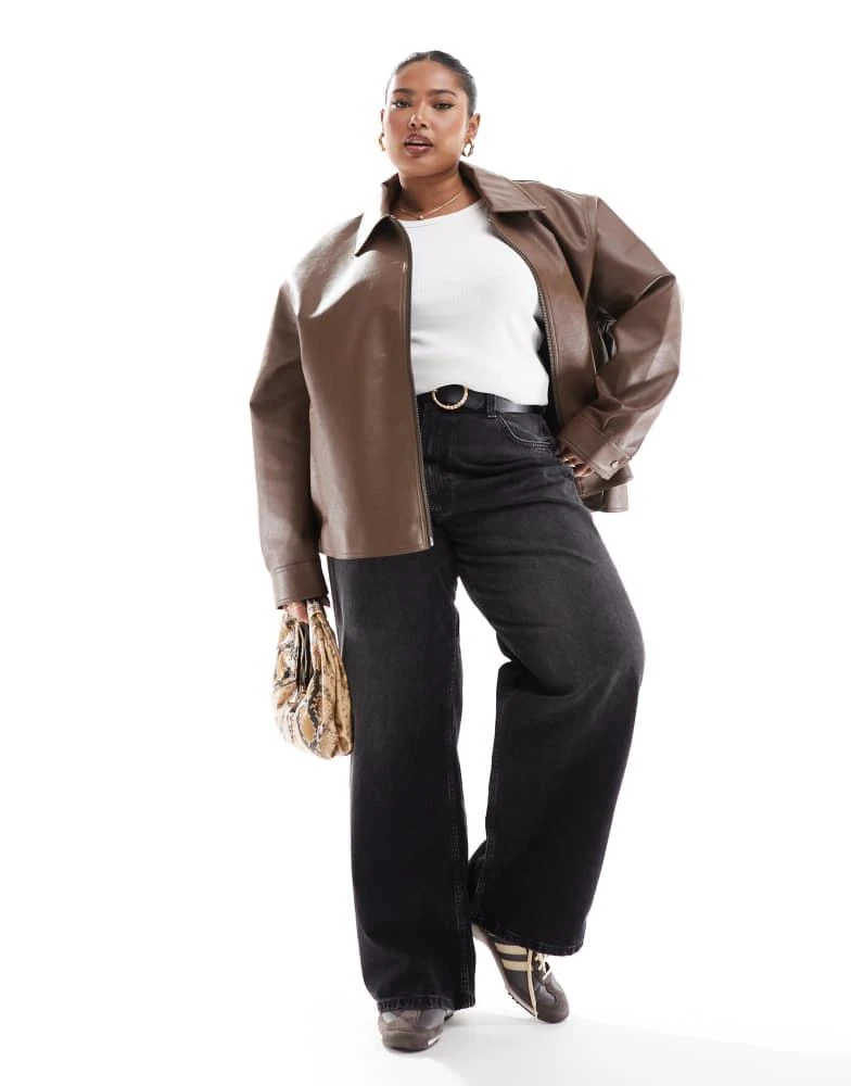 ASOS ASOS DESIGN Curve zip front leather look harrington in chocolate 2