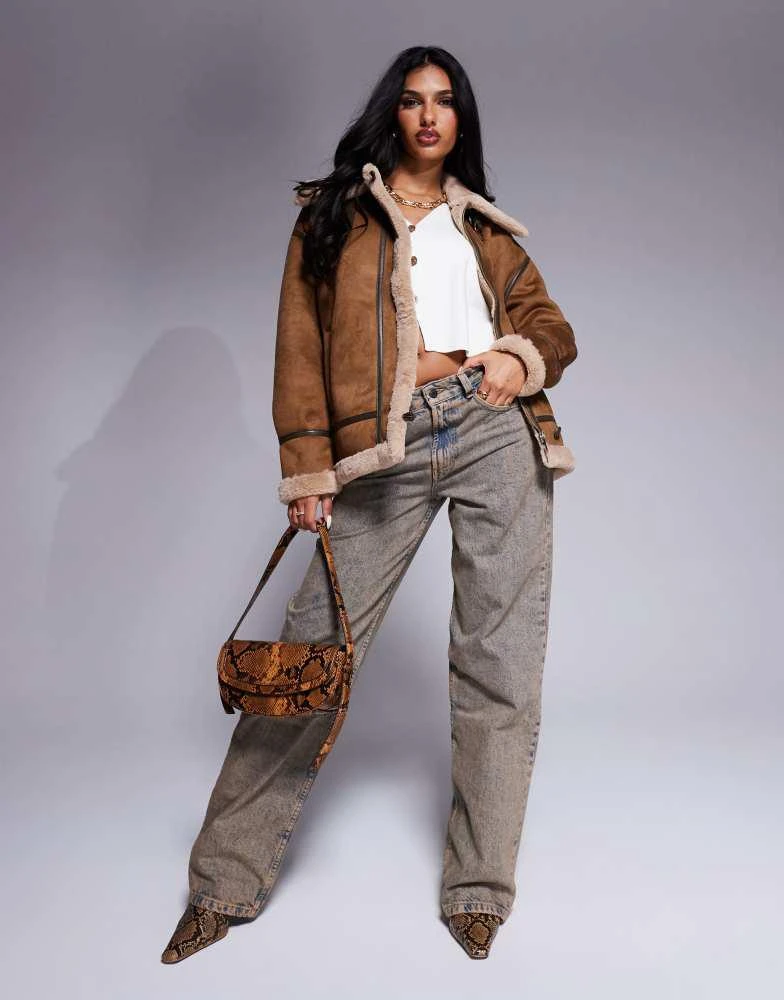 Morgan Morgan faux suede shearling jacket in tan 2
