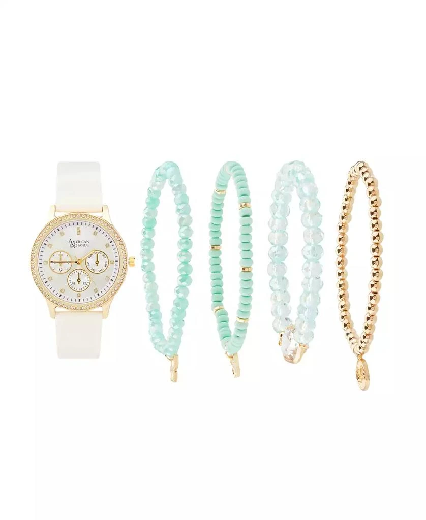 American Exchange Women's White Polyurethane Leather Strap Analog Watch 38mm with Stackable Bracelets Gift Set 1