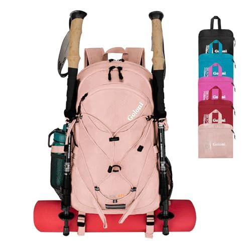 Goloni Goloni 45L Hiking Backpack Lightweight Foldable, Waterproof Camping Backpack with Rain Cover & Hiking Pole Mat Carrying System, Ergonomic Water Resistant Daypack for Trekking Travel Men Women Pink
