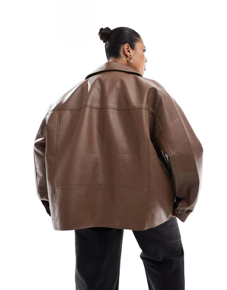 ASOS ASOS DESIGN Curve zip front leather look harrington in chocolate 3
