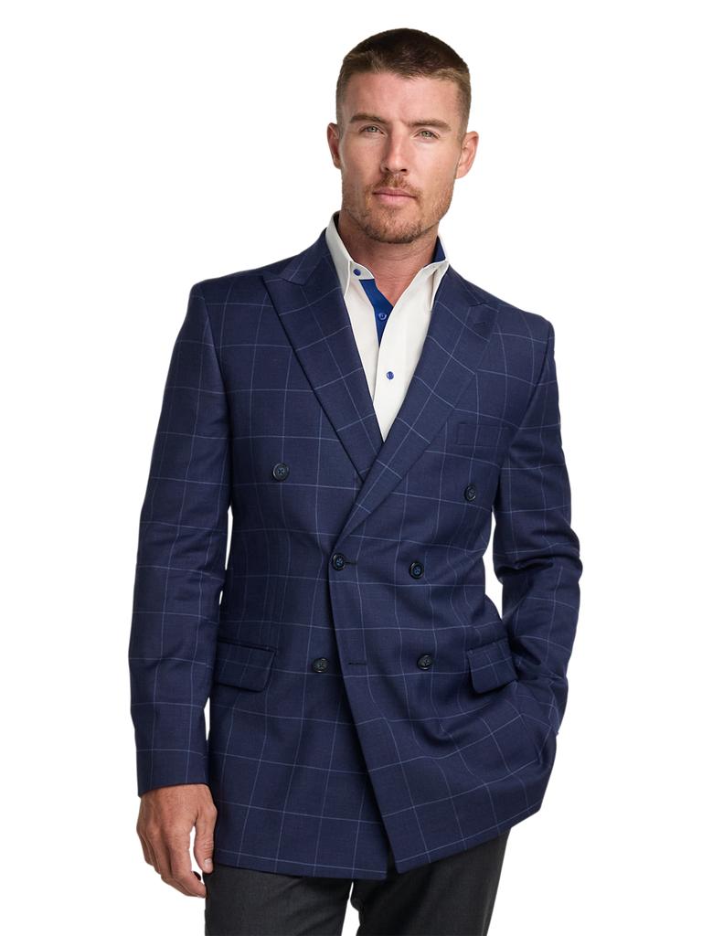 Paul Fredrick Wool Blend Windowpane Double Breasted Peak Lapel Sport Coat