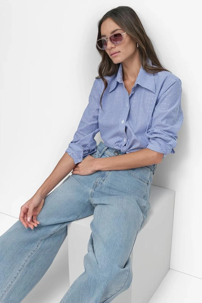 DKNY STRIPED POPILIN STUDDED RHINESTONE TOP 6