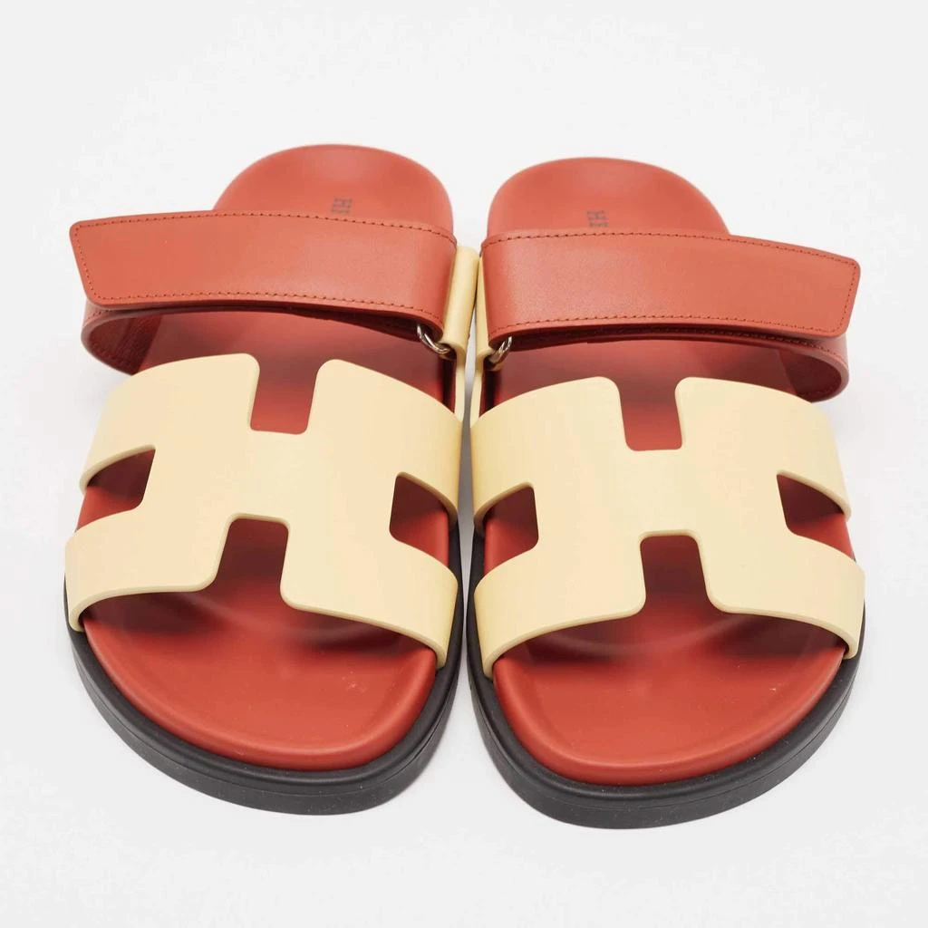Hermes Hermes Cream/Burgundy Leather Chypre Flat Sandals Size 38 3