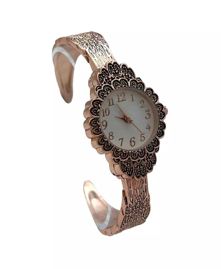Olivia Pratt Rose Gold Elegant Flower Detailed Face Bangle Women Watch 3