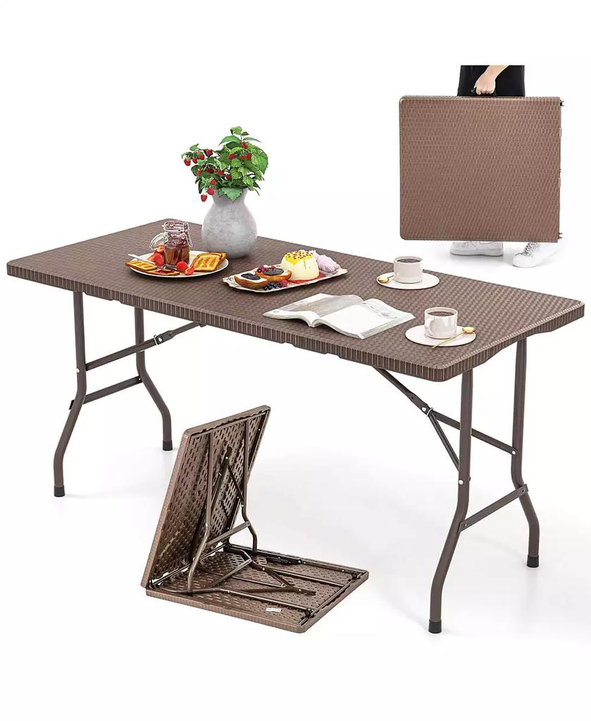 Costway 5 ft Folding Picnic Table Outdoor Dining Table with Rattan Grain HDPE Tabletop