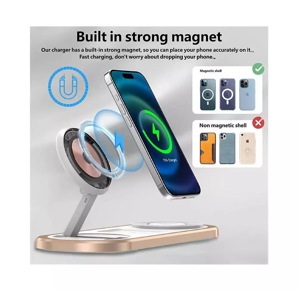 risokeys Foldable Wireless Charger with Charging Port - Magnetic 3-in-1 Charging Station, Watch and Earphone for Desktop 3