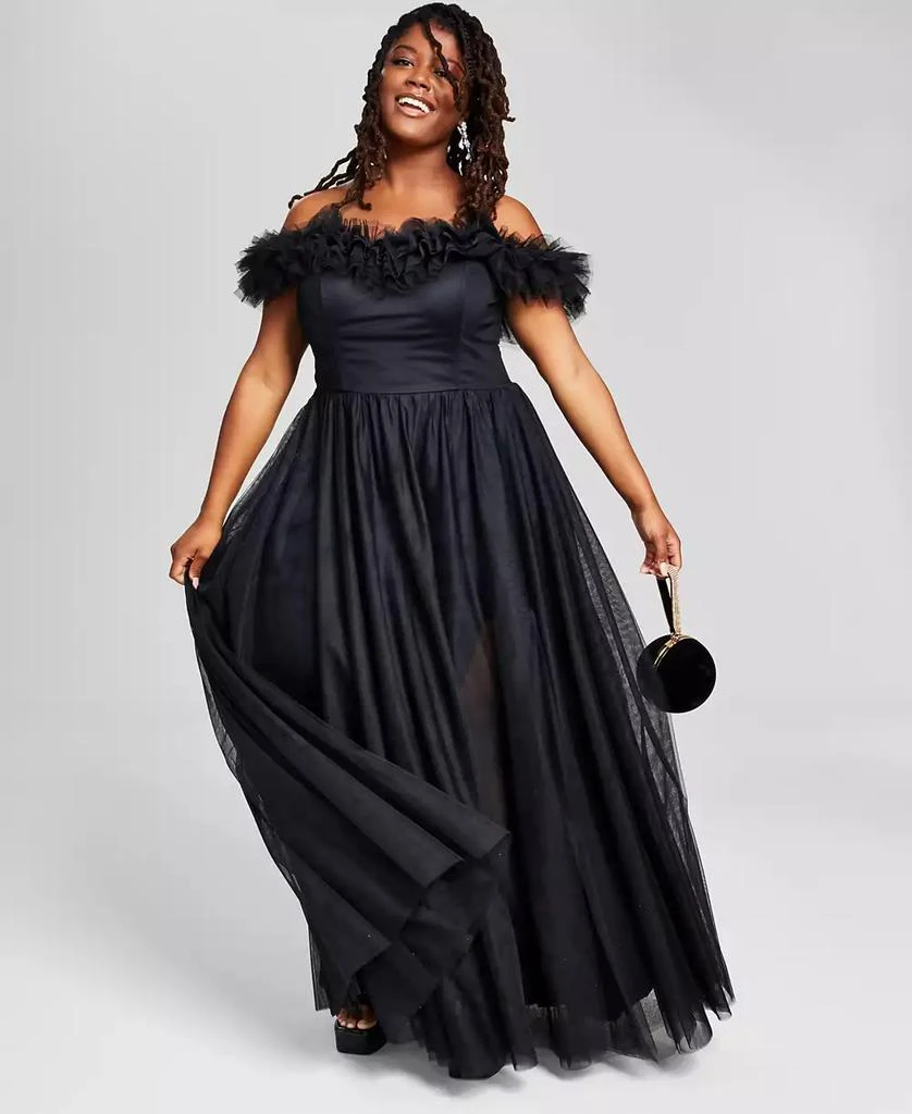 City Studios Trendy Plus Size Tulle-Trim Off-The-Shoulder Gown, Created for Macy's 1