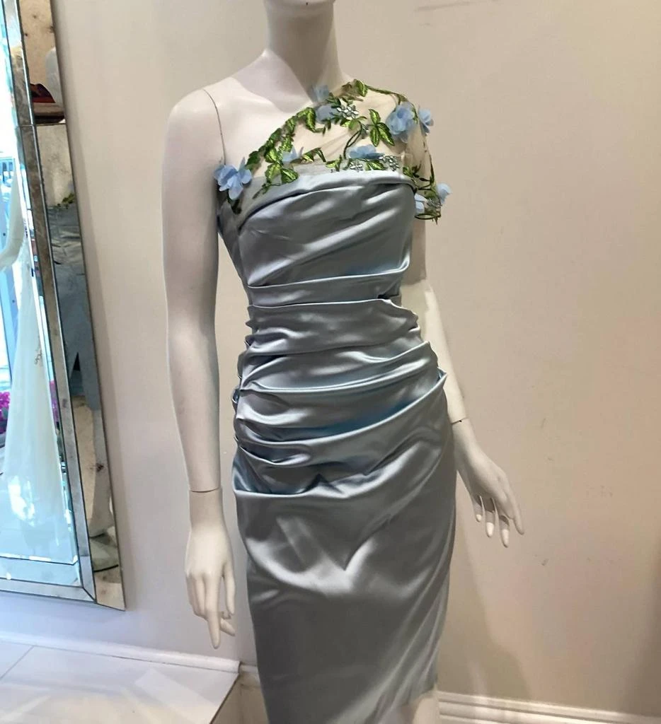 CATHERINE DEANE Flowered One Shoulder Cocktail Dress In Light Blue 3