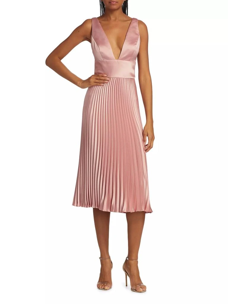 Amsale Satin V-Neck Pleated Midi-Dress 2