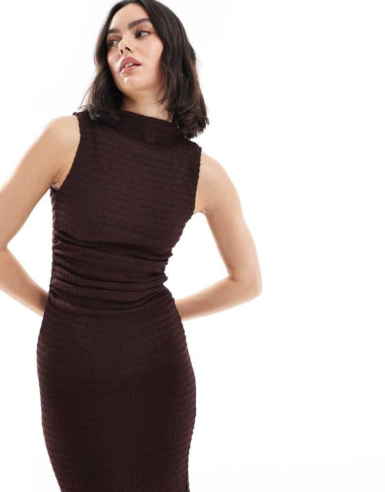 Bershka Bershka textured high neck maxi dress in brown 2