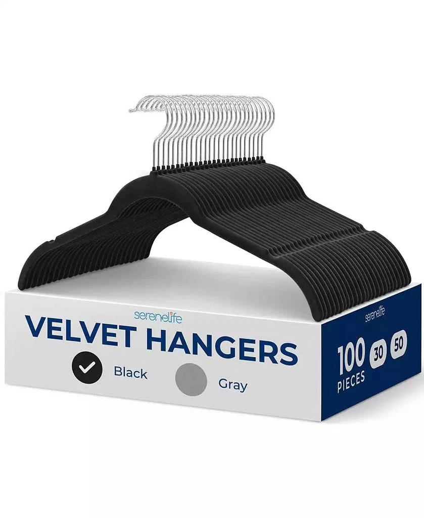 SereneLife 100-Piece Velvet Shirt Hangers - Non-Slip, Sturdy, Space Saving and Heavy Duty Coat Set with 360° Swivel Hook for Clothes (Black
