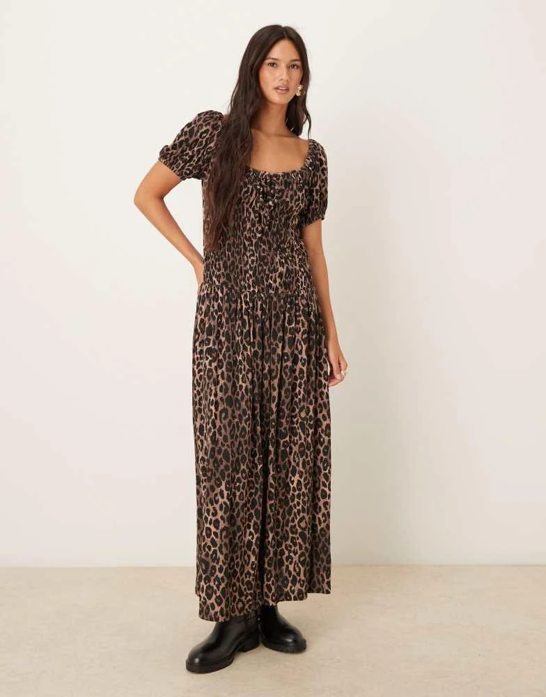 ASOS DESIGN crinkle shirred waist milkmaid puff sleeve midi tea dress in leopard  print  On Sale Now with Up to 75% Off | Discover Exclusive Deals & Savings  at BeyondStyle