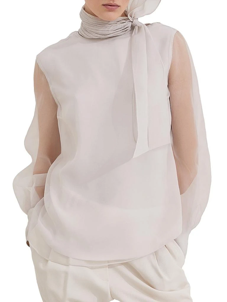 Brunello Cucinelli Crispy Silk Pussybow Blouse with Monili 2