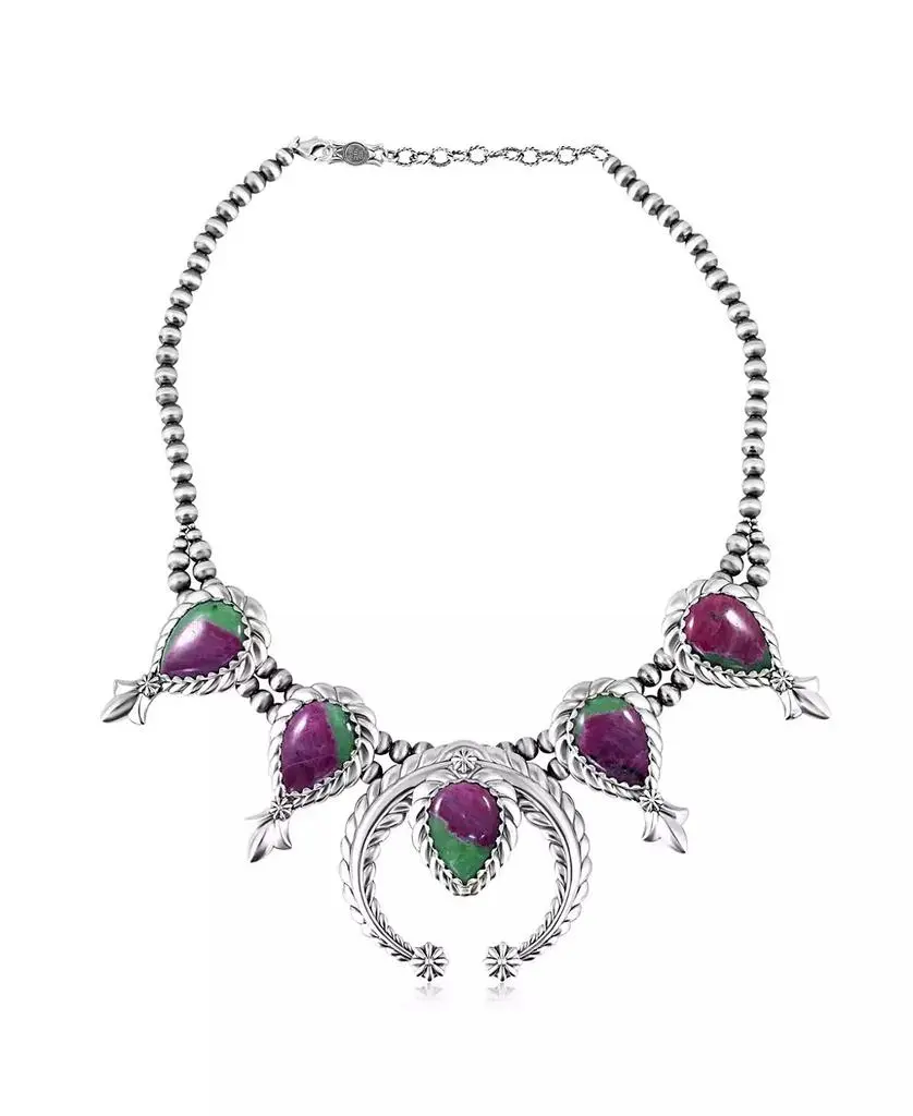 American West Jewelry Sterling Ruby Zoisite Pear-Cut Squash Blossom Necklace, 17 to