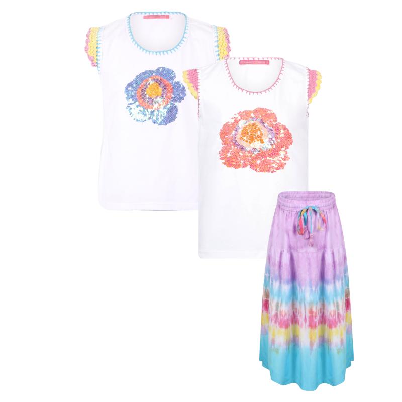 Spinach Mafia Sequin flower crochet t shirts and tie dye long skirt set in white purple blue and rainbow colors
