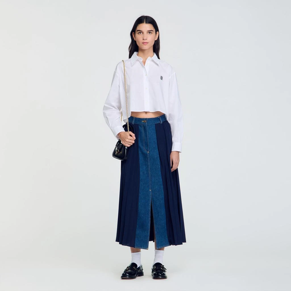 Sandro Dual-material denim pleated skirt 1